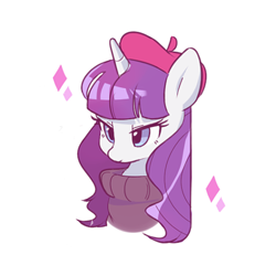 Size: 500x500 | Tagged: safe, artist:dilandau203, character:rarity, species:pony, species:unicorn, beatnik rarity, beret, bust, clothing, female, hat, mare, portrait, simple background, solo, sweater, white background