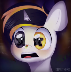 Size: 1928x1933 | Tagged: safe, artist:donutnerd, oc, oc only, oc:trogler, species:pony, species:unicorn, blushing, firefly, forest, gasp, gasping, glow, heterochromia, insect, night, open mouth, scared, sky, solo, starry eyes, stars, surprised, tree, white, wingding eyes