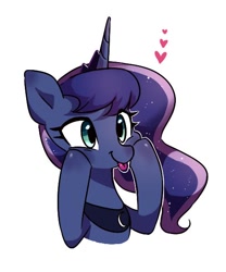 Size: 500x600 | Tagged: safe, artist:dilandau203, character:princess luna, species:alicorn, species:pony, :t, blep, blushing, bust, cheek squish, crown, cute, female, heart, jewelry, lunabetes, mare, regalia, silly, silly pony, simple background, smiling, solo, squishy cheeks, tongue out, white background