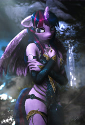 Size: 4320x6320 | Tagged: safe, artist:princeoracle, character:twilight sparkle, character:twilight sparkle (alicorn), species:alicorn, species:anthro, species:pony, 3d, absurd resolution, bare shoulders, breasts, clothing, crepuscular rays, crossed arms, dress, featured on derpibooru, female, floppy ears, fluffy, gloves, glowing horn, horn, leg fluff, lidded eyes, long gloves, looking at you, magic, magic aura, mare, paintover, regalia, sexy, shoulder fluff, shy, signature, solo, source filmmaker, wing fluff