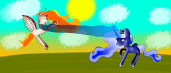 Size: 4656x2000 | Tagged: safe, artist:mlpfan2017, character:daybreaker, character:princess celestia, character:princess luna, alicorns, angry, cloud, day, ethereal mane, evil, fire, glowing horn, grass, magic, mane of fire, missing cutie mark, shooting, sun