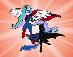 Size: 1572x1228 | Tagged: safe, artist:banebuster, character:princess celestia, character:princess luna, species:pony, batman, clothing, cosplay, costume, superman