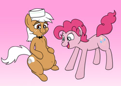 Size: 2412x1704 | Tagged: safe, artist:banebuster, character:pinkie pie, oc, oc:beignet, species:earth pony, species:pony, bubble berry, female, mare, pregnant, rule 63, sitting