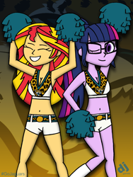 Size: 1200x1600 | Tagged: safe, artist:djgames, character:sunset shimmer, character:twilight sparkle, character:twilight sparkle (scitwi), species:eqg human, my little pony:equestria girls, american football, belly button, cheerleader, clothing, duo, eyes closed, jacksonville jaguars, midriff, nfl, nfl divisional round, nfl playoffs, one eye closed, open mouth, pom pom, shorts, wink