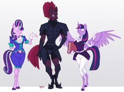 Size: 1200x897 | Tagged: safe, artist:ursa, character:fizzlepop berrytwist, character:starlight glimmer, character:tempest shadow, character:twilight sparkle, character:twilight sparkle (alicorn), species:alicorn, species:anthro, species:pony, species:unguligrade anthro, my little pony: the movie (2017), amazon, armor, broken horn, clothing, colored hooves, gloves, gradient background, hand on hip, realistic horse legs, size comparison