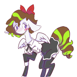 Size: 1300x1300 | Tagged: safe, artist:skeletonburglar, oc, oc only, oc:chemical flare, species:pegasus, species:pony, blushing, clothing, crossdressing, male, simple background, skirt, smiling, stallion, stockings, tall, thigh highs, trap, white background