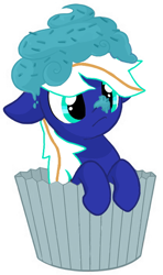 Size: 418x705 | Tagged: safe, artist:miikanism, base used, edit, oc, oc only, oc:electric blue, species:pegasus, species:pony, cream, cupcake, floppy ears, food, frosting, micro, simple background, solo, sprinkles, surprised, white background