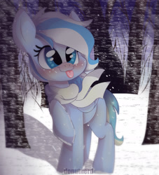 Size: 1891x2085 | Tagged: safe, artist:donutnerd, oc, oc:falling skies, blushing, clothing, cold, cute, freckles, nature, night, ocbetes, raised hoof, scarf, snow, snowflake, solo, tongue out, tree, windy, winter, ych result