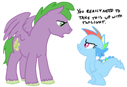 Size: 900x620 | Tagged: safe, artist:bux, character:rainbow dash, character:spike, species:dragon, species:pegasus, species:pony, baby, baby dragon, dragonified, duo, eye contact, female, frown, looking at each other, male, ponified, ponified spike, rainbow dragon, simple background, species swap, stallion, transparent background, unshorn fetlocks