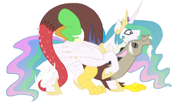 Size: 1000x597 | Tagged: safe, artist:bux, character:discord, character:princess celestia, species:alicorn, species:pony, ship:dislestia, female, male, mare, neck nuzzle, nuzzling, shipping, simple background, straight, surprised, transparent background