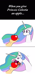 Size: 1495x3113 | Tagged: safe, artist:banebuster, character:princess celestia, species:alicorn, species:pony, apple, comic, disembodied hand, eating, female, flehmen response, food, fruit, hand, herbivore, hoers, horses doing horse things, majestic as fuck, mare, open mouth, simple background, wat, white background