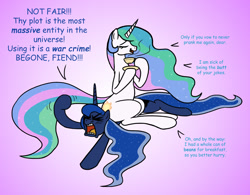 Size: 1481x1153 | Tagged: safe, artist:banebuster, character:princess celestia, character:princess luna, species:alicorn, species:pony, angry, cup, dialogue, duo, eyes closed, female, food, gradient background, imminent fart, implied farting, mare, pun, raised hoof, simple background, sitting, sitting on pony, solar wind, sunbutt, tea, teacup, this will end in farts, unamused, ye olde butcherede englishe