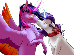 Size: 1600x1200 | Tagged: safe, artist:maxiima, character:rarity, character:twilight sparkle, character:twilight sparkle (alicorn), species:alicorn, species:pony, species:unicorn, ship:rarilight, blushing, chest fluff, colored wings, female, glowing horn, kissing, lesbian, shipping, simple background, transparent background