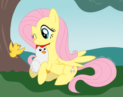 Size: 883x696 | Tagged: safe, artist:owlity, character:fluttershy, species:chicken, species:pegasus, species:pony, cute, dawwww, female, holding, hoof hold, hug, innocent, mare, one eye closed, shyabetes, sitting, smiling, solo, tree, wink