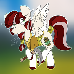 Size: 2000x2000 | Tagged: safe, artist:rosexknight, oc, oc only, oc:nanako, species:pegasus, species:pony, clothing, cutie mark, farmer, female, green eyes, multicolored hair, neighponese, sickle, solo, vaguely asian robe, wings