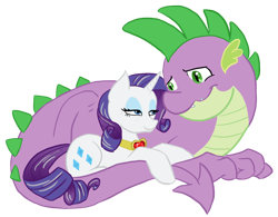 Size: 1000x778 | Tagged: safe, artist:bux, character:rarity, character:spike, species:dragon, species:pony, species:unicorn, ship:sparity, female, fire ruby, good end, interspecies, male, mare, older, prone, shipping, simple background, smiling, straight, transparent background