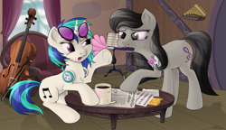 Size: 2235x1287 | Tagged: safe, artist:awalex, character:dj pon-3, character:octavia melody, character:vinyl scratch, species:pony, annoyed, cello, chair, coffee, coffee mug, coffee table, duo, duster, dusting, female, mouth hold, mug, music stand, musical instrument, newspaper, panpipes, table