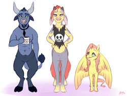 Size: 1600x1200 | Tagged: safe, artist:qatsby, character:fluttershy, character:iron will, oc, oc:nessa mae, parent:fluttershy, parent:iron will, parents:ironshy, ship:ironshy, coffee mug, family, female, hybrid, interspecies offspring, male, mug, offspring, shipping, simple background, size difference, straight, white background