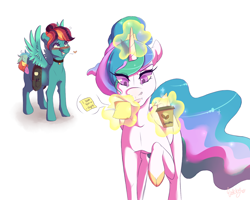 Size: 1280x1024 | Tagged: safe, artist:qatsby, character:princess celestia, oc, oc:zipper breeze, parent:rainbow dash, parent:zephyr breeze, parents:zephdash, species:pegasus, species:pony, blushing, blushing profusely, cloven hooves, coffee, coffee cup, crush, cup, female, heart, heart eyes, levitation, love note, magic, mare, misspelling, offspring, one sided shipping, raised hoof, simple background, spread wings, telekinesis, white background, wingboner, wingding eyes, wings