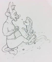Size: 2801x3295 | Tagged: safe, artist:qatsby, character:fluttershy, character:iron will, ship:ironshy, cup, cute, eyes closed, female, heart, male, monochrome, pencil drawing, shipping, straight, teacup, traditional art, willabetes