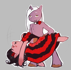 Size: 2731x2695 | Tagged: safe, artist:suelix, oc, oc only, oc:mary berry, backbend, choker, clothing, dancing, dress, flamenco, flexible, gray background, open mouth, rose in mouth, simple background