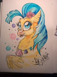 Size: 1280x1707 | Tagged: safe, artist:donika-schovina, character:princess skystar, species:classical hippogriff, species:hippogriff, my little pony: the movie (2017), bust, female, freckles, jewelry, looking at you, necklace, open mouth, seashell necklace, solo, traditional art, wings