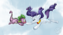 Size: 1920x1080 | Tagged: safe, artist:batlover800, character:rarity, character:spike, species:dragon, species:pony, species:unicorn, ship:sparity, episode:secret of my excess, g4, my little pony: friendship is magic, blushing, eye contact, falling, female, fire ruby, interspecies, looking at each other, male, mare, motion blur, scene interpretation, shipping, straight, wallpaper