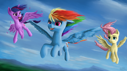 Size: 1920x1080 | Tagged: safe, artist:robsa990, character:fluttershy, character:rainbow dash, character:twilight sparkle, character:twilight sparkle (alicorn), species:alicorn, species:pegasus, species:pony, female, flying, mare, sky, smiling, spread wings, trio, windswept mane, wings