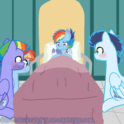 Size: 600x599 | Tagged: safe, artist:shootingstaryt, character:bow hothoof, character:rainbow dash, character:soarin', character:windy whistles, oc, parent:rainbow dash, parent:soarin', parents:soarindash, species:pony, ship:soarindash, baby, baby pony, bed, family, female, filly, male, mare, next generation, offspring, shipping, stallion, straight