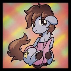 Size: 612x612 | Tagged: safe, artist:claireannecarr, oc, oc only, oc:claire anne carr, species:pegasus, species:pony, :<, clothing, cute, floppy ears, frown, looking at you, male, ocbetes, shirt, sitting, solo, stallion, underhoof, unshorn fetlocks