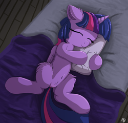 Size: 1280x1230 | Tagged: safe, artist:php80, edit, character:twilight sparkle, character:twilight sparkle (alicorn), species:alicorn, species:pony, bed, belly button, blanket, cute, ear fluff, explicit source, eyes closed, female, fluffy, hug, night, pillow, pillow hug, pubic fluff, sfw edit, sleeping, smiling, solo, twiabetes, wings