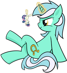 Size: 6000x6528 | Tagged: safe, artist:reconprobe, character:bon bon, character:lyra heartstrings, character:sweetie drops, species:pony, absurd resolution, crossed legs, duo, duo female, female, macro, magic, mare, mega lyra, micro, simple background, size difference