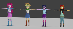 Size: 3562x1434 | Tagged: safe, artist:sindroom, character:applejack, character:pinkie pie, character:sunset shimmer, character:twilight sparkle, my little pony:equestria girls, 3d, 3d model, source filmmaker, t pose, wip