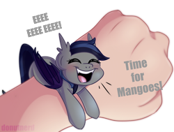 Size: 2286x1727 | Tagged: safe, artist:donutnerd, oc, oc only, oc:echo, species:bat, species:bat pony, species:human, blushing, commission, cute, eeee, eyelashes, eyes closed, fangs, fist, fluffy, food, hand, happy, mango, micro, open mouth, simple background, teeth, that batpony sure does love mangoes, that pony sure does love fruits, transparent background, watch