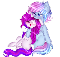 Size: 1000x955 | Tagged: safe, artist:anasflow, oc, oc only, oc:anasflow maggy, oc:shinning blossom, species:pegasus, species:pony, species:unicorn, cuddling, female, mare, simple background, transparent background, white outline