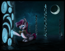 Size: 2397x1900 | Tagged: safe, artist:konsumo, oc, oc only, species:pony, book, concept, detailed, digital, high res, journal, magic, moon, night, ocean, pillar, solo, stars, water