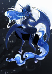 Size: 848x1200 | Tagged: safe, artist:ursa, character:princess luna, species:alicorn, species:anthro, species:unguligrade anthro, g4, backlighting, beautiful, breasts, cape, cloak, clothing, cloud, ethereal mane, eyes closed, featured on derpibooru, female, flying, full moon, galaxy mane, hood, hoof shoes, mare, moon, night, sky, solo, spread wings, stars, stormcloud, wings