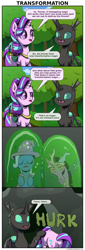 Size: 1116x3300 | Tagged: safe, artist:frenkieart, character:discord, character:starlight glimmer, character:thorax, character:trixie, species:changeling, species:draconequus, species:pony, species:unicorn, episode:to where and back again, g4, my little pony: friendship is magic, cape, changeling slime, clothing, cocoon, comic, dialogue, female, hat, male, mare, queen chrysalis's prisoners opening and closing their eyes for some reason, saddle bag, trixie's cape, trixie's hat, vomit, vomiting