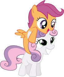 Size: 3896x4680 | Tagged: safe, artist:artpwny, character:scootaloo, character:sweetie belle, cute, cutealoo, diasweetes, ponies riding ponies, simple background, transparent background, vector