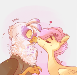 Size: 383x372 | Tagged: safe, artist:batlover800, character:fluttershy, character:gilda, species:griffon, species:pegasus, species:pony, ship:gildashy, boop, duo, duo female, eyes closed, female, heart, lesbian, poof, question mark, shipping, simple background, startled