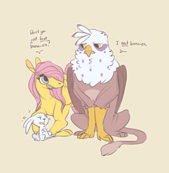 Size: 600x612 | Tagged: safe, artist:batlover800, character:angel bunny, character:fluttershy, character:gilda, species:griffon, species:pegasus, species:pony, species:rabbit, ship:gildashy, dialogue, female, lesbian, looking at each other, male, shipping, simple background, talking, tan background, trio, wings