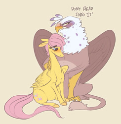 Size: 600x612 | Tagged: safe, artist:batlover800, character:fluttershy, character:gilda, species:griffon, species:pegasus, species:pony, ship:gildashy, arm around neck, blushing, cutie mark, dialogue, duo, embarrassed, female, fluffy, gildere, hug, lesbian, mare, shipping, simple background, tan background, tsundere, wings