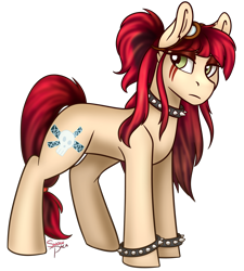 Size: 1700x1886 | Tagged: safe, artist:snowpaca, oc, oc only, oc:emily, species:pony, collar, female, goggles, mare, markings, ponytail, punk, simple background, solo, transparent background