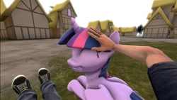 Size: 944x531 | Tagged: safe, artist:neoar2000, character:twilight sparkle, character:twilight sparkle (alicorn), species:alicorn, species:human, species:pony, 3d, adorkable, cute, dawwww, dialogue in the description, hnnng, human on pony petting, offscreen character, petting, pov, smiling, source filmmaker, twiabetes, waifu