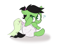 Size: 1600x1200 | Tagged: safe, artist:lazynore, oc, oc:anon, oc:filly anon, species:pony, angry, baby, baby pony, blushing, cute, diaper, diaper change, disembodied hand, duo, female, filly, floppy ears, foal, hairband, hand, lying down, offscreen character, scrunchy face, simple background, solo focus, sweat, sweatdrop, transparent background