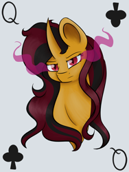 Size: 2100x2800 | Tagged: safe, artist:itssopanda, oc, oc:eros, species:pony, species:unicorn, episode:queen of clubs, g4, my little pony: equestria girls, bust, card, female, high res, mare, portrait, solo, sombra eyes