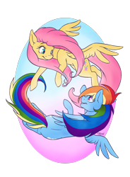 Size: 1400x1900 | Tagged: safe, artist:eternalsubscriber, character:fluttershy, character:rainbow dash, species:pegasus, species:pony, cute, duo, eye contact, female, flying, looking at each other, mare, multicolored hair, simple background, smiling, spread wings, transparent background, wings, yin and yang