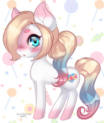 Size: 660x776 | Tagged: safe, artist:tawni-tailwind, oc, oc only, oc:candy kains, species:earth pony, species:pony, :o, blushing, female, looking at you, mare, open mouth, solo