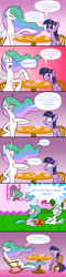 Size: 1138x4773 | Tagged: safe, artist:banebuster, character:aura, character:cotton cloudy, character:princess celestia, character:twilight sparkle, character:twilight sparkle (alicorn), species:alicorn, species:pony, angry, ball, canterlot, comic, cookie, cup, dialogue, female, filly, flower, foal, food, furious, gradient background, grass, grumpy, lawn, missing accessory, offended, old, pouting, rocking chair, senior, sitting, table, tea, teacher and student, teacup, teapot, window, wrinkles, yelling