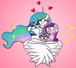Size: 4001x3597 | Tagged: safe, artist:banebuster, character:princess cadance, character:princess celestia, character:princess flurry heart, character:shining armor, species:alicorn, species:pony, species:unicorn, ^^, aunt, auntlestia, baby, bear hug, cuddling, cute, cutelestia, embrace, eyes closed, family, female, flurrybetes, foal, four-limbed hug, frontal, gradient background, happy, heart, hug, love, male, mare, missing accessory, momlestia, pain, pain star, parent, simple background, smiling, snuggling, stallion, strong, varying degrees of want, winghug